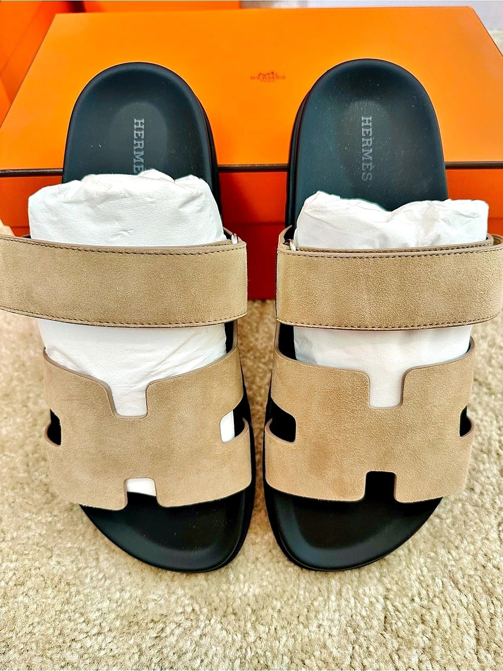 Brand New!! ‼️‼️ Hermes Chypre Sandal
in Tan/Black (Mens)
